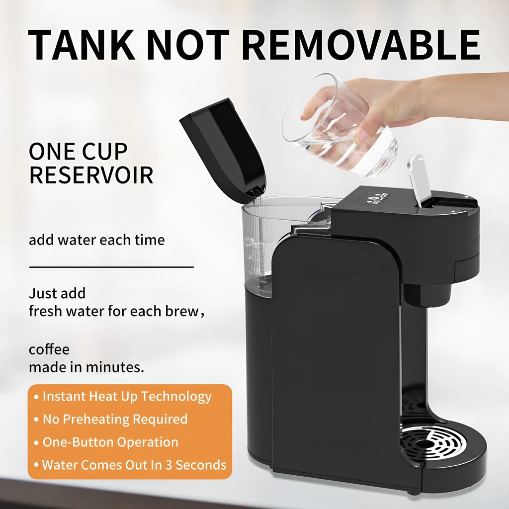 Black and white compact capsule coffee machine for K-Cup pods with adjustable water tray