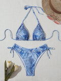 Women's denim blue printed bikini set with strap design and nylon-spandex fabric