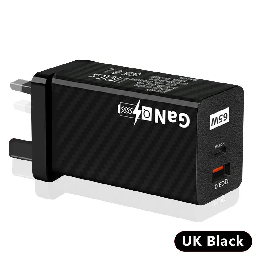 White Gallium Nitride 65W USB-C laptop charger with EU plug showing compact size