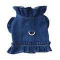 Blue denim pet dress with ruffles on the chest and a metal leash hook.