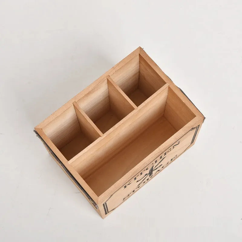 Wooden kitchen storage box with grid compartments for knives forks chopsticks measuring 12.5x12.5x23cm