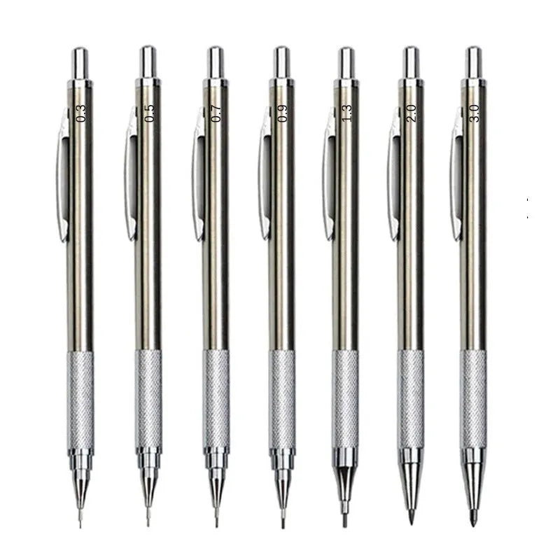 Metal automatic mechanical pencil shown with various lead size options including 0.5mm, 0.7mm, and 2.0mm.