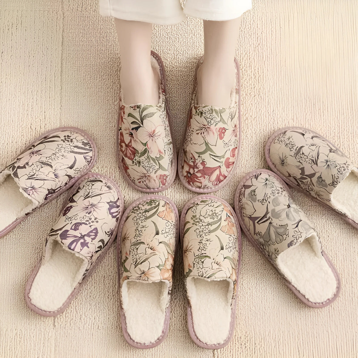 Cotton slippers with linen-textured surface and PVC sole in various colour patterns