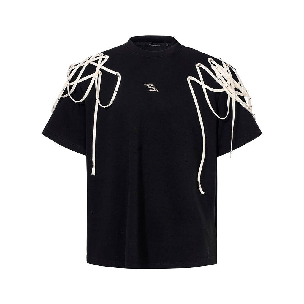 Black loose fit short-sleeved t-shirt with padded shoulder detail and rivet ribbon accents