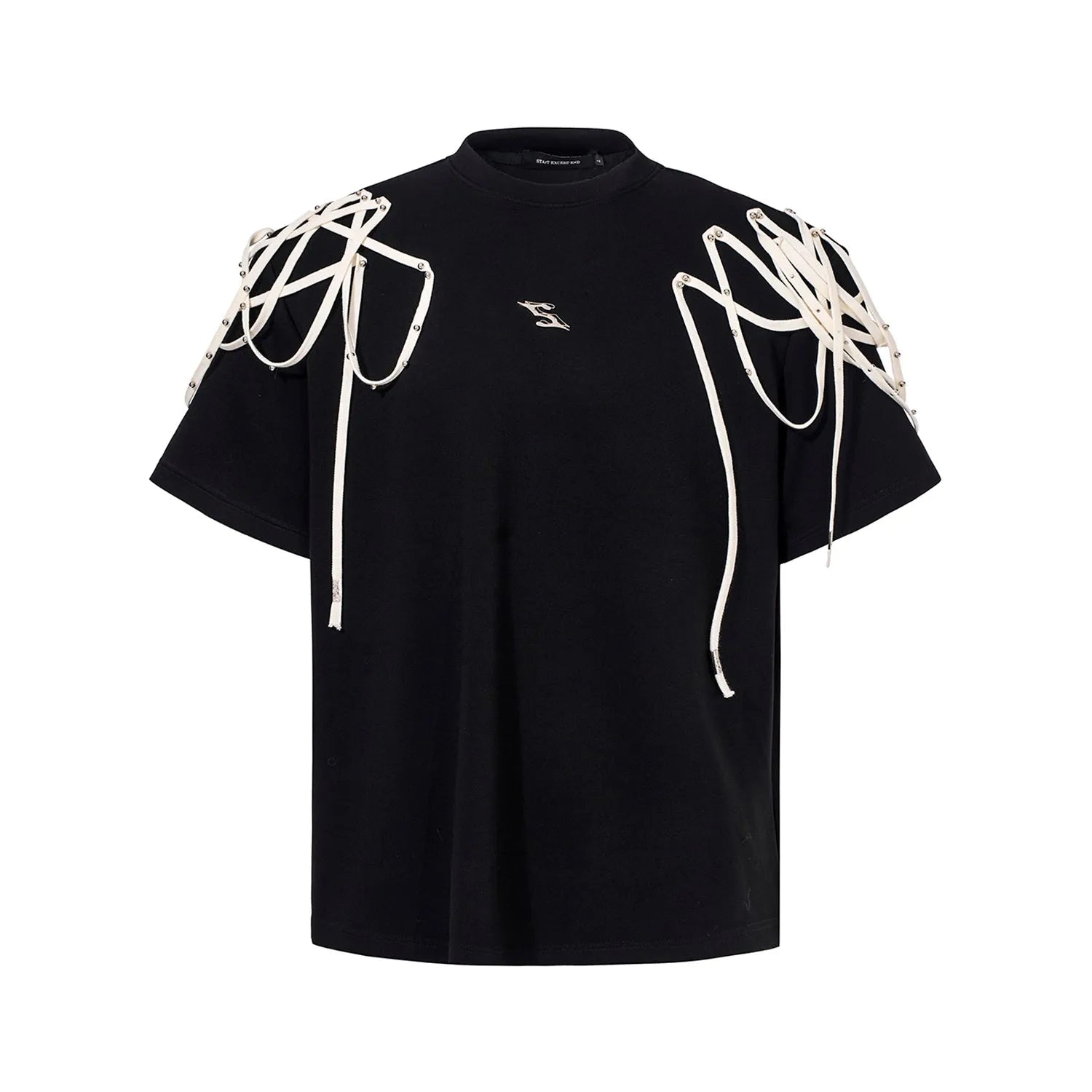 Black loose fit short-sleeved t-shirt with padded shoulder detail and rivet ribbon accents