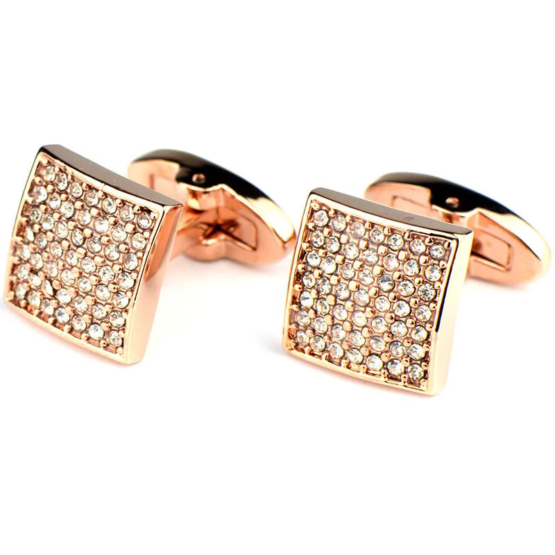 Rose gold star diamond cufflinks with brass base and electroplated finish, unisex French cuff pair in black or white diamond