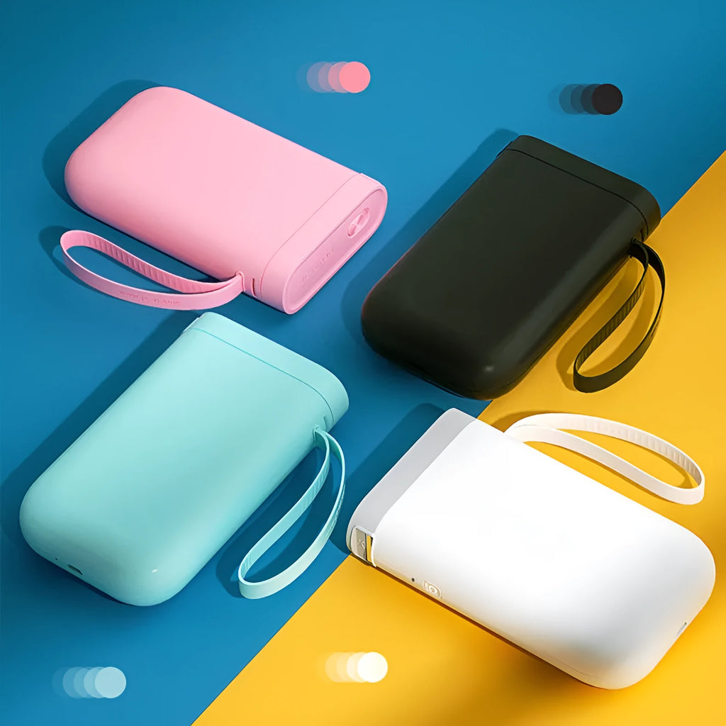 D11 Bluetooth thermal label printer in black, white, pink, green, or bundle colours, shown with smartphone running the label design app.