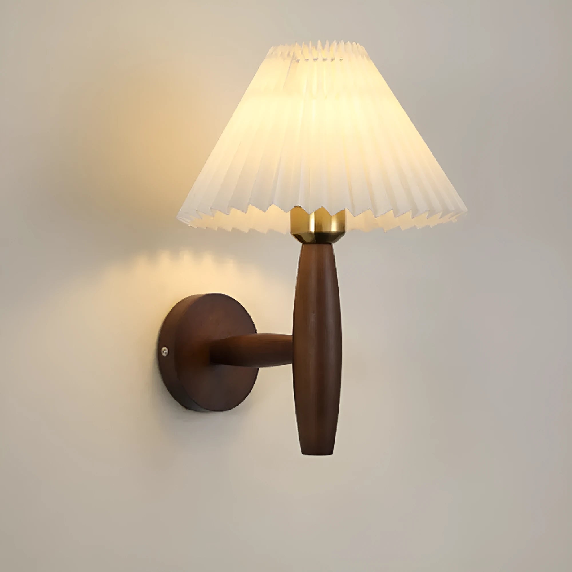 American Retro style wooden wall lamp with copper accents and a white fabric shade mounted above a bedside table.