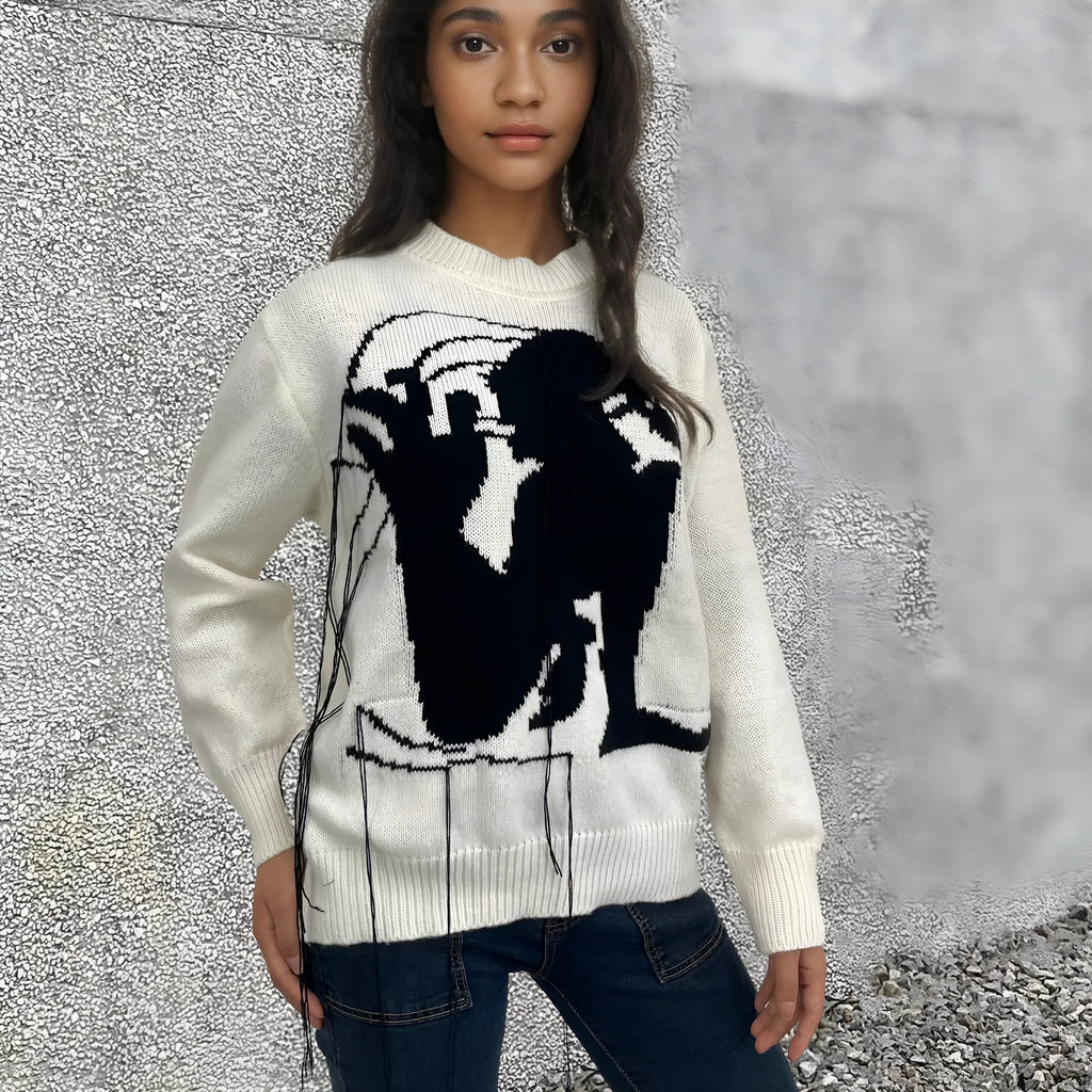 Women's alpaca wool sweater with abstract pattern and tassel design in loose street fashion style