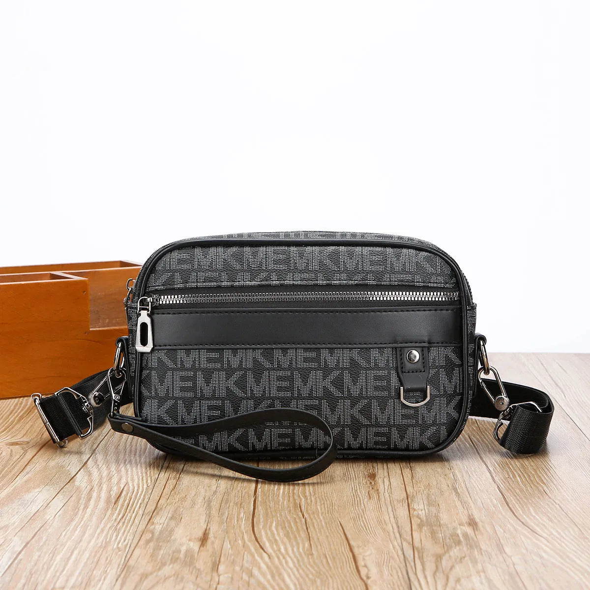 Men's black geometric pattern PU leather messenger bag with horizontal design and large capacity
