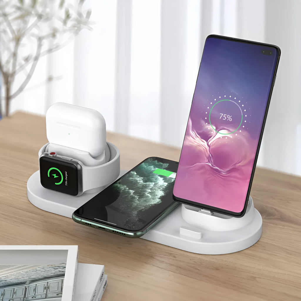 Black and white 6-in-1 wireless charging phone holder with AirPods and iWatch charging areas