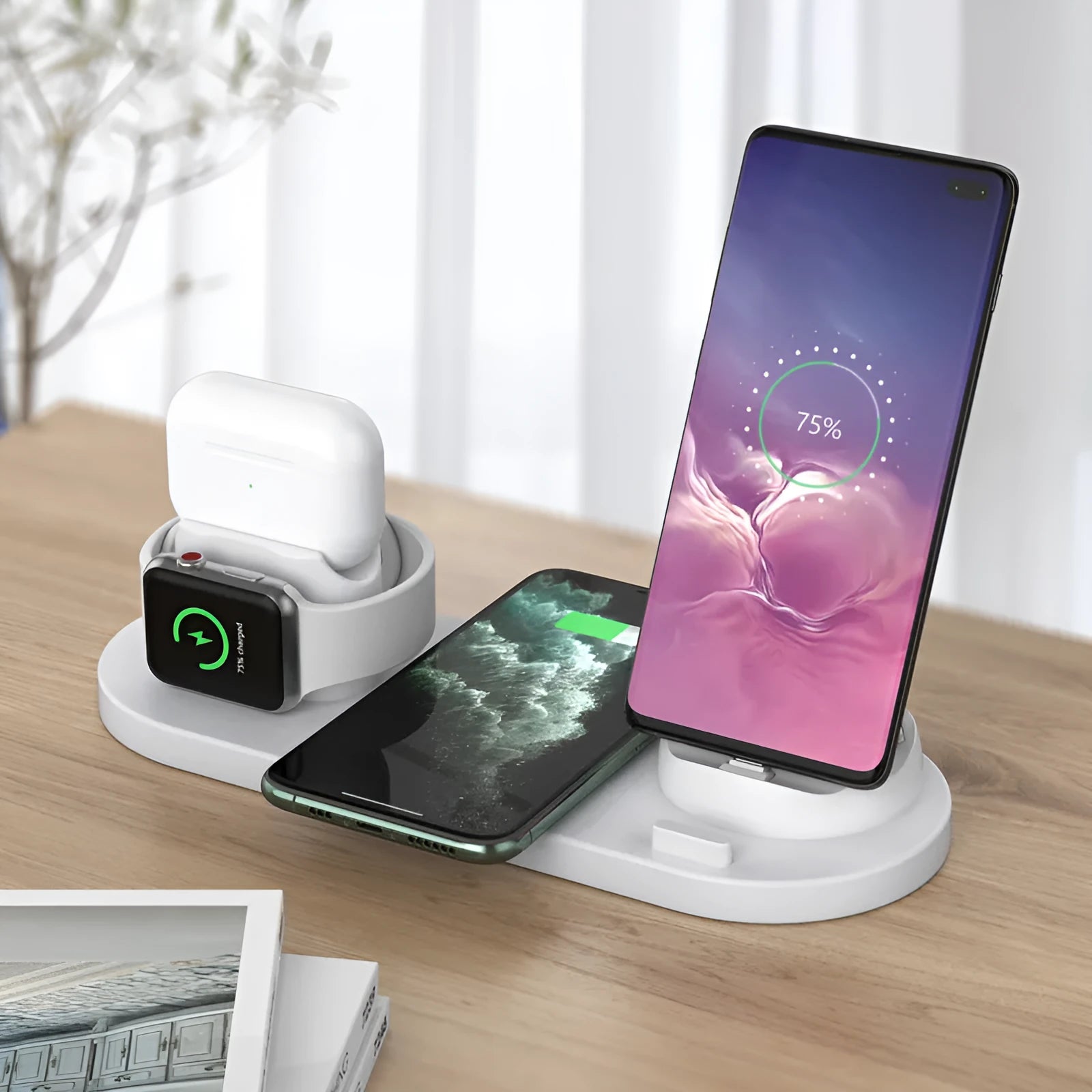Black and white 6-in-1 wireless charging phone holder with AirPods and iWatch charging areas