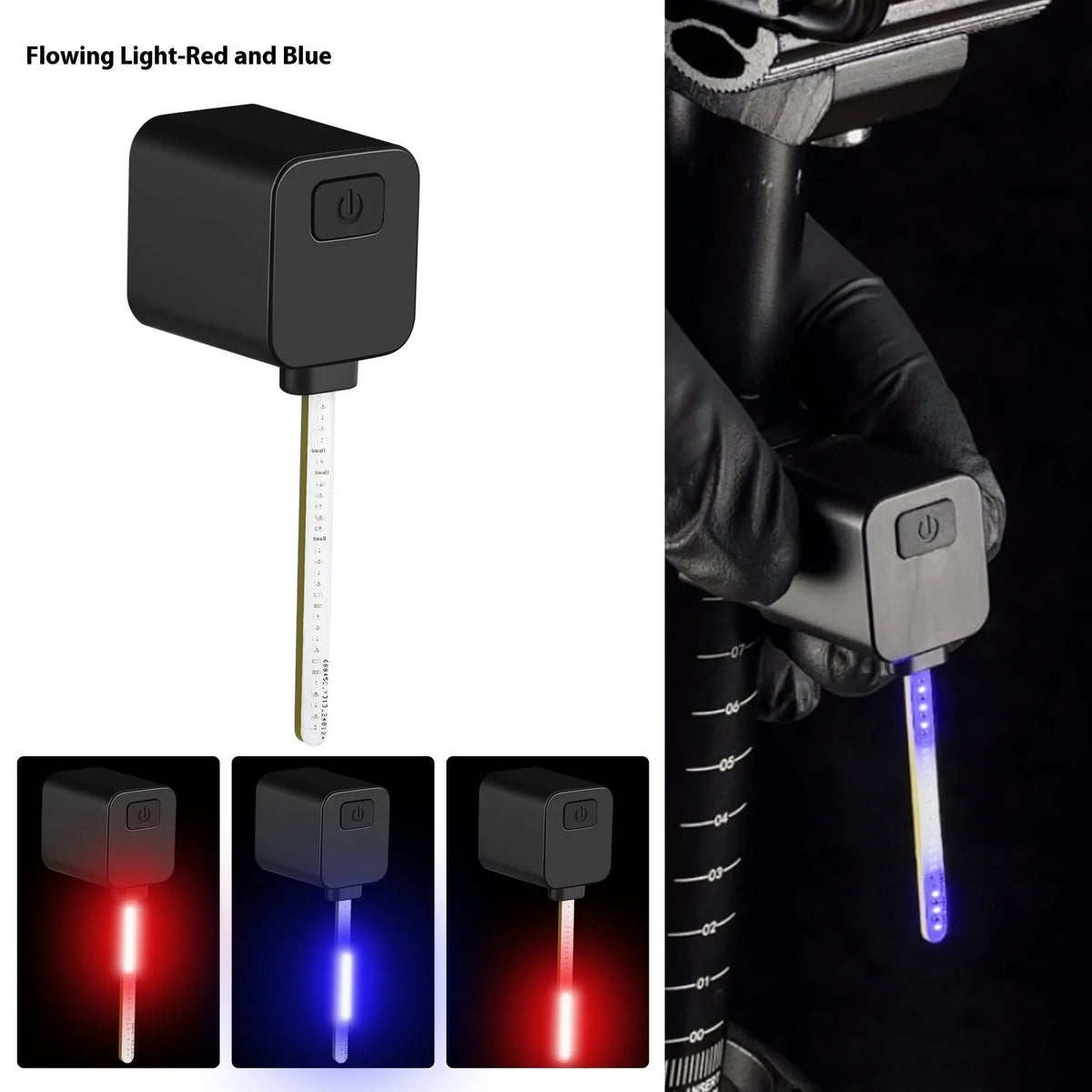 Bicycle taillight with running water LED light pattern mounted on bike seat tube for night riding safety