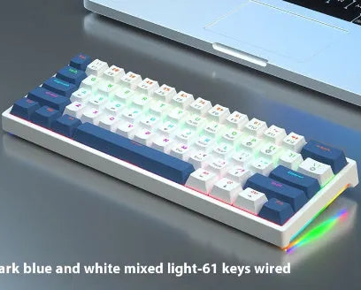 Blue and white 61-key compact mechanical keyboard with hot-swappable switches on black background