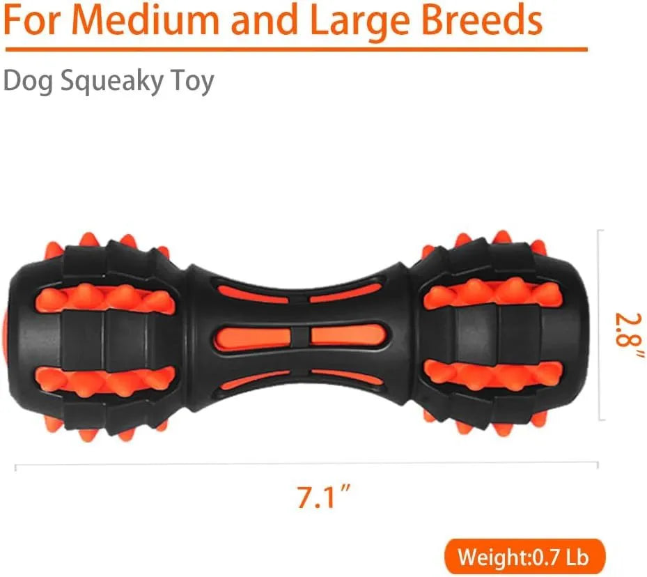 Red dumbbell-shaped dog chew toy made of natural rubber with textured surface