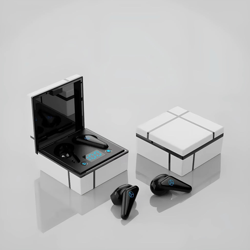 Wireless gaming earbuds with digital display case in blue and white colour option showing 150mm size