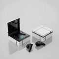 Wireless gaming earbuds with digital display case in blue and white colour option showing 150mm size