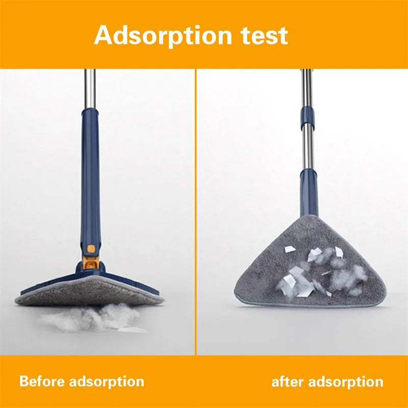 Blue extendable triangle cleaning mop with rotating head and long stainless steel pole on a tiled floor.