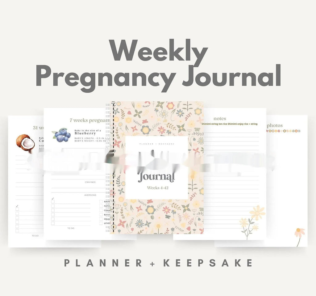 A5 pregnancy weekly diary notebook open showing weekly formatting pages