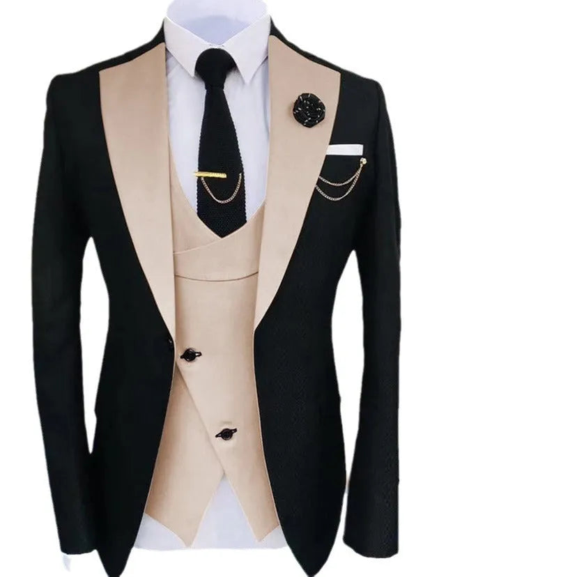 Men's slim fit cotton business suit with coat, vest and trousers in black colour combination