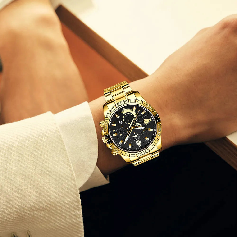 Men's gold tone stainless steel business calendar quartz watch with 10mm thickness case