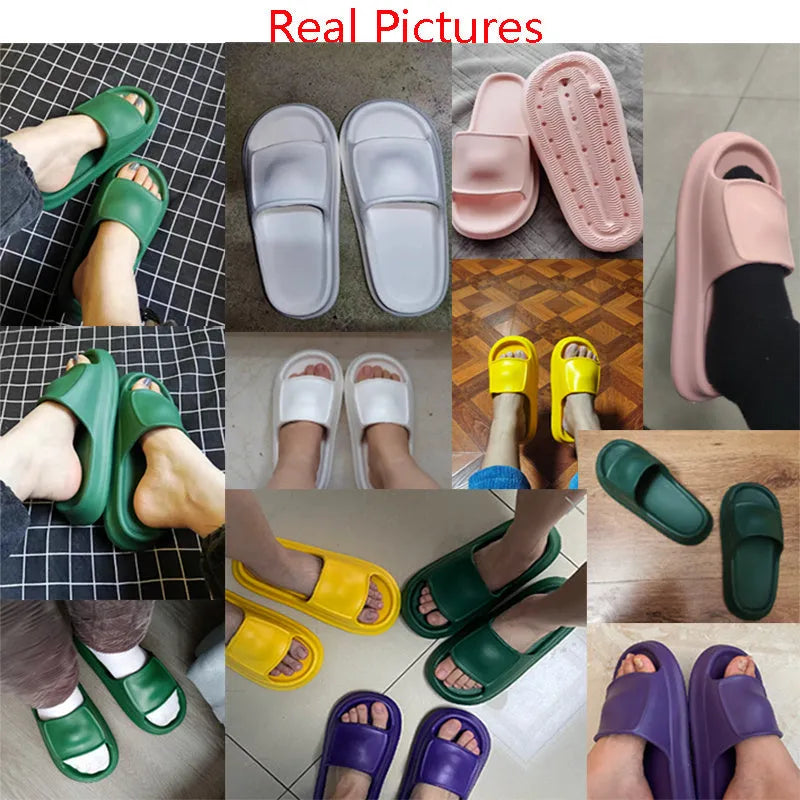 Thickened EVA non-slip flip-flop slippers in multiple colours on a bathroom floor.