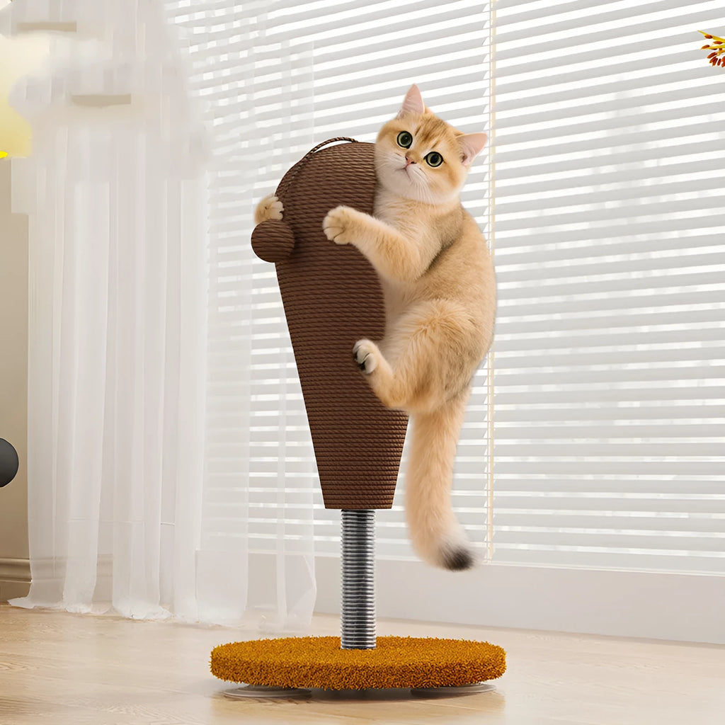 Jute rope cat scratching post with integrated catnip ball, available in large and small sizes.