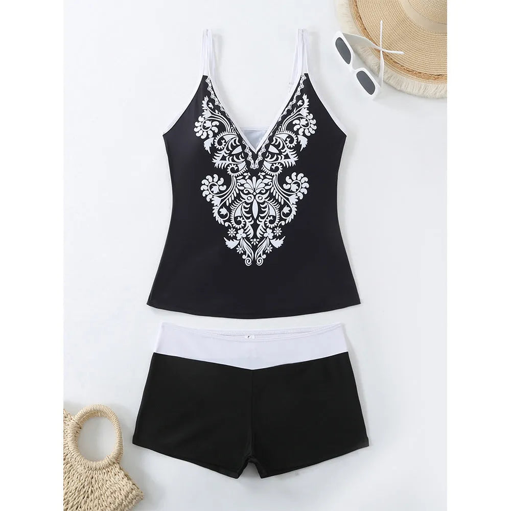Women's plus size two-piece swimsuit set in black or rose red, sizes S to 5XL.