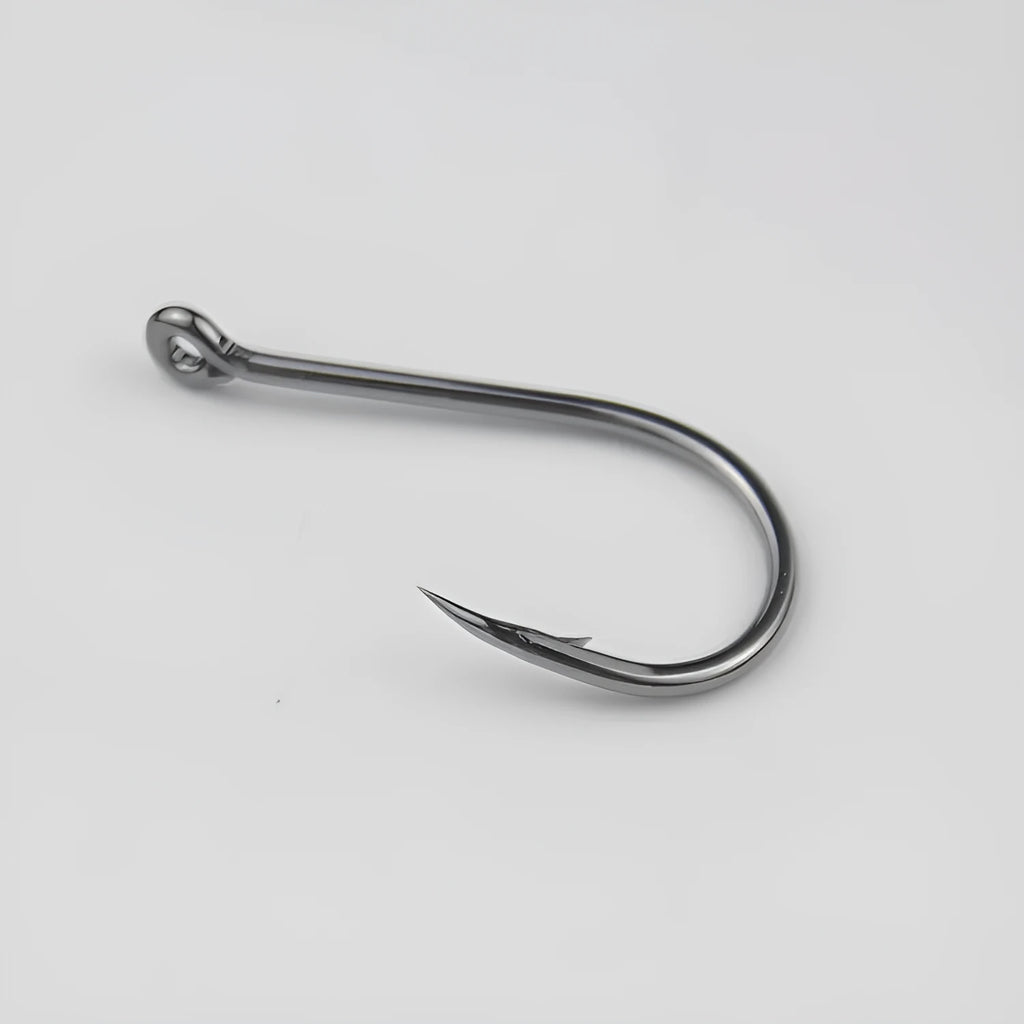 Bulk pack of barbed alloy carbon steel sea fishing hooks with a crooked mouth and hole ring design.
