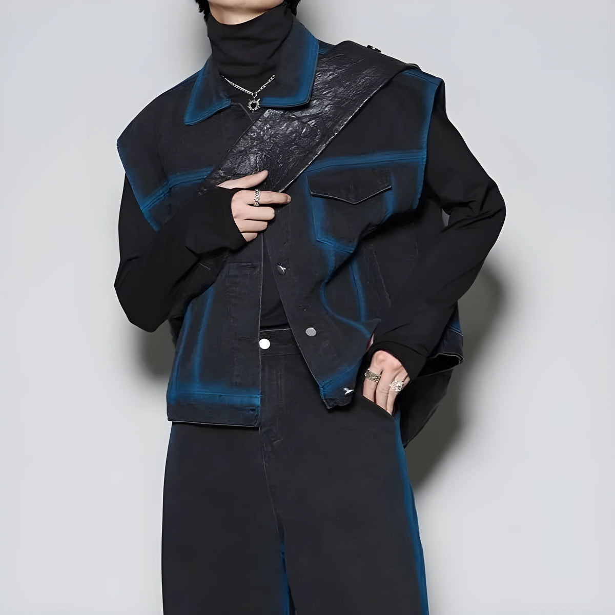 Distressed blue jeans and sleeveless vest set with spray colour gradient and fleece lining.