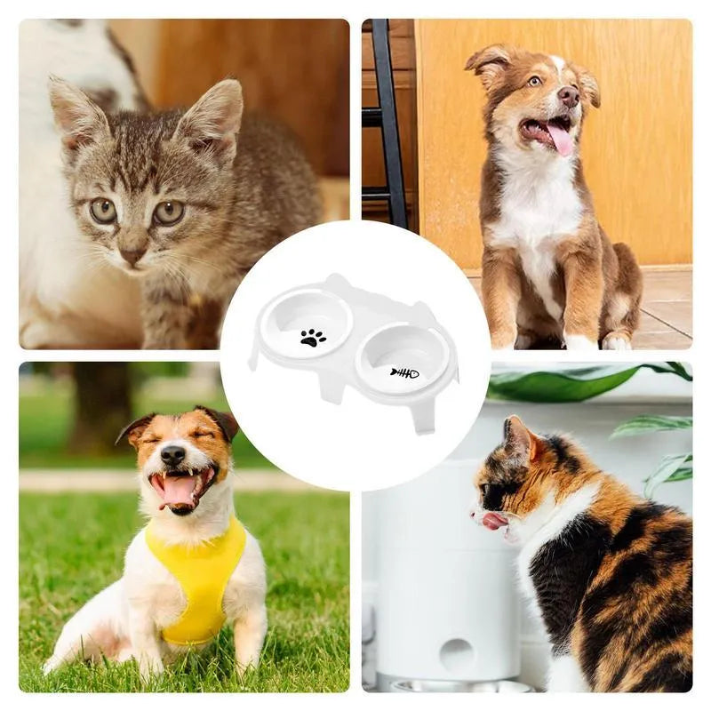 Ceramic elevated cat feeding bowl set with tilted bowls and stand in blue, pink, white or yellow