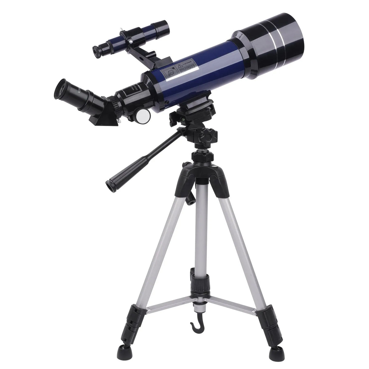 Dark blue children's monocular astronomical telescope with adjustable tripod set up for stargazing.