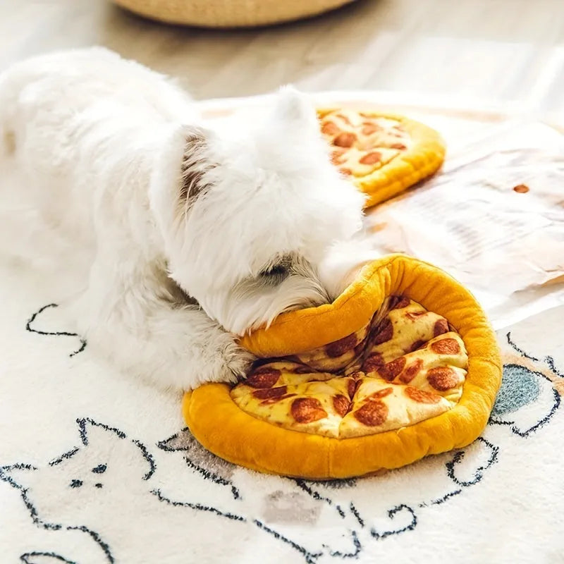 Yellow pizza design dog chewing toy with teddy bear motif measuring 20cm across