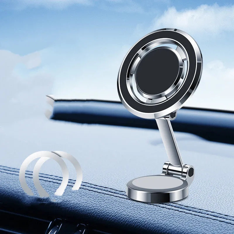 Car centre console mobile phone holder with magnetic clip and 360-degree rotation in black or silver