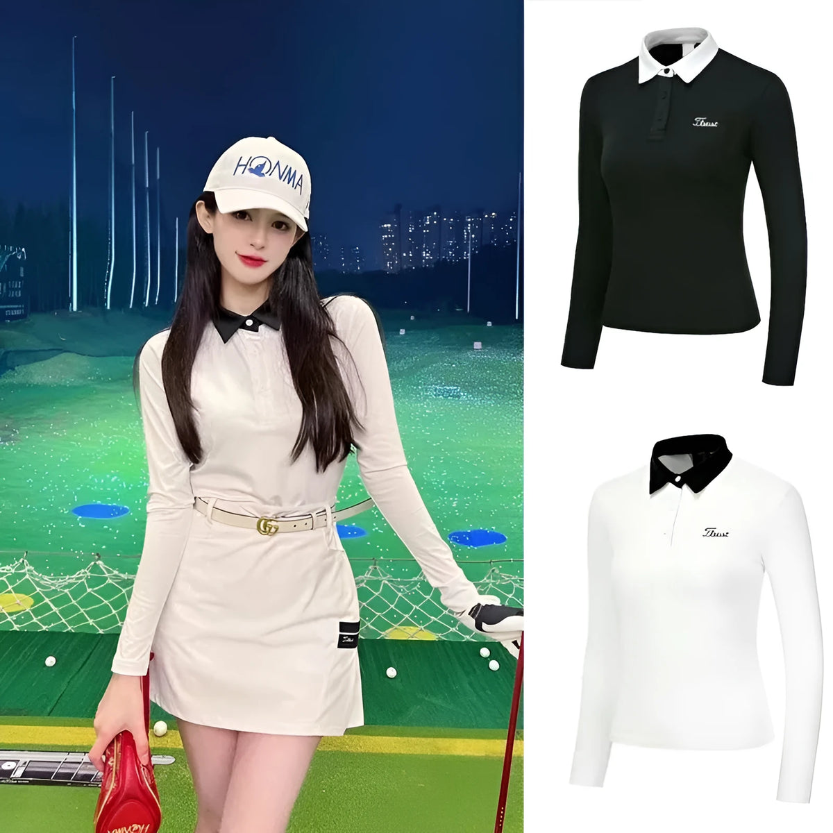 Women's white long sleeve golf top with slim fit for outdoor sports activities