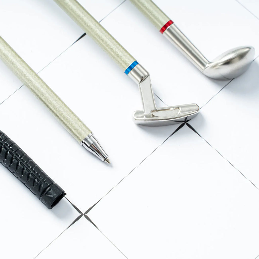 Three metal ballpoint pens with golf suit pattern design showing 0.7mm bullet-type pen heads