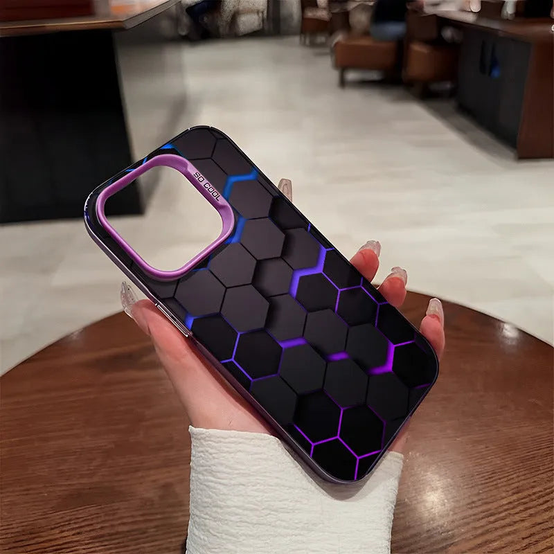 Frosted protective iPhone case with honeycomb square pattern in contrasting colour on black background