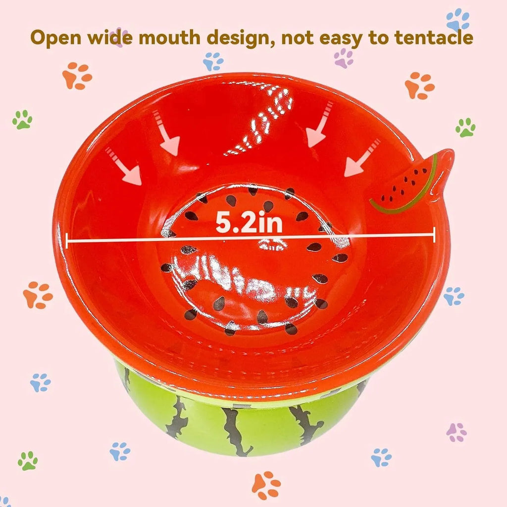Ceramic elevated cat bowl in orange, pitaya, or watermelon pattern with a tilted, wide design.