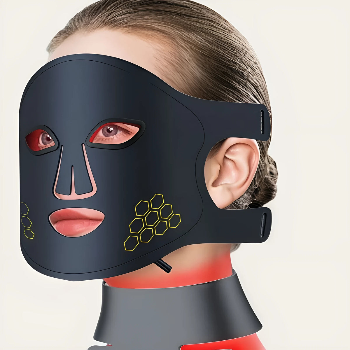 Black LED photon therapy mask with four-colour infrared lights and neck care extension