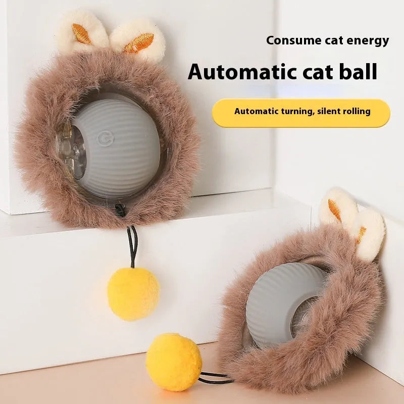 Self-hi cat rolling ball toy with plush cat shape and silicone ball