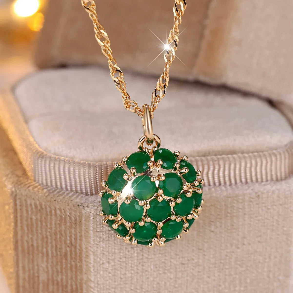 Round emerald pendant full diamond necklace champagne gold colour 51-60cm adjustable chain
