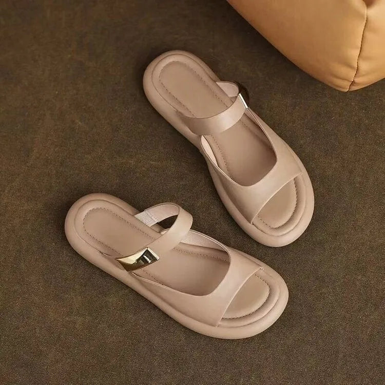 Apricot peep toe flat sandals with French soft leather upper and rubber sole