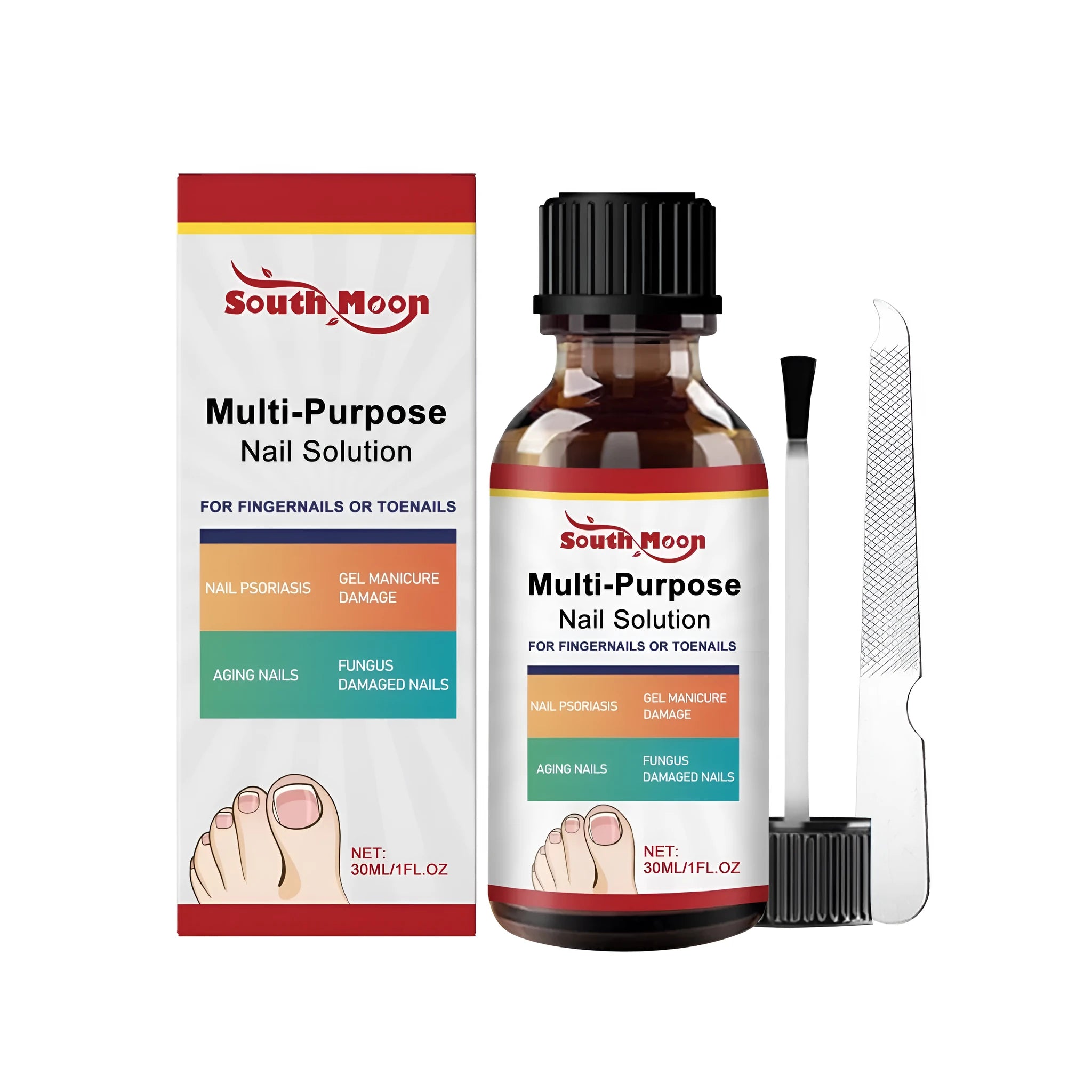 30ml bottle of nail care solution with tea tree oil and a nail file on a white background