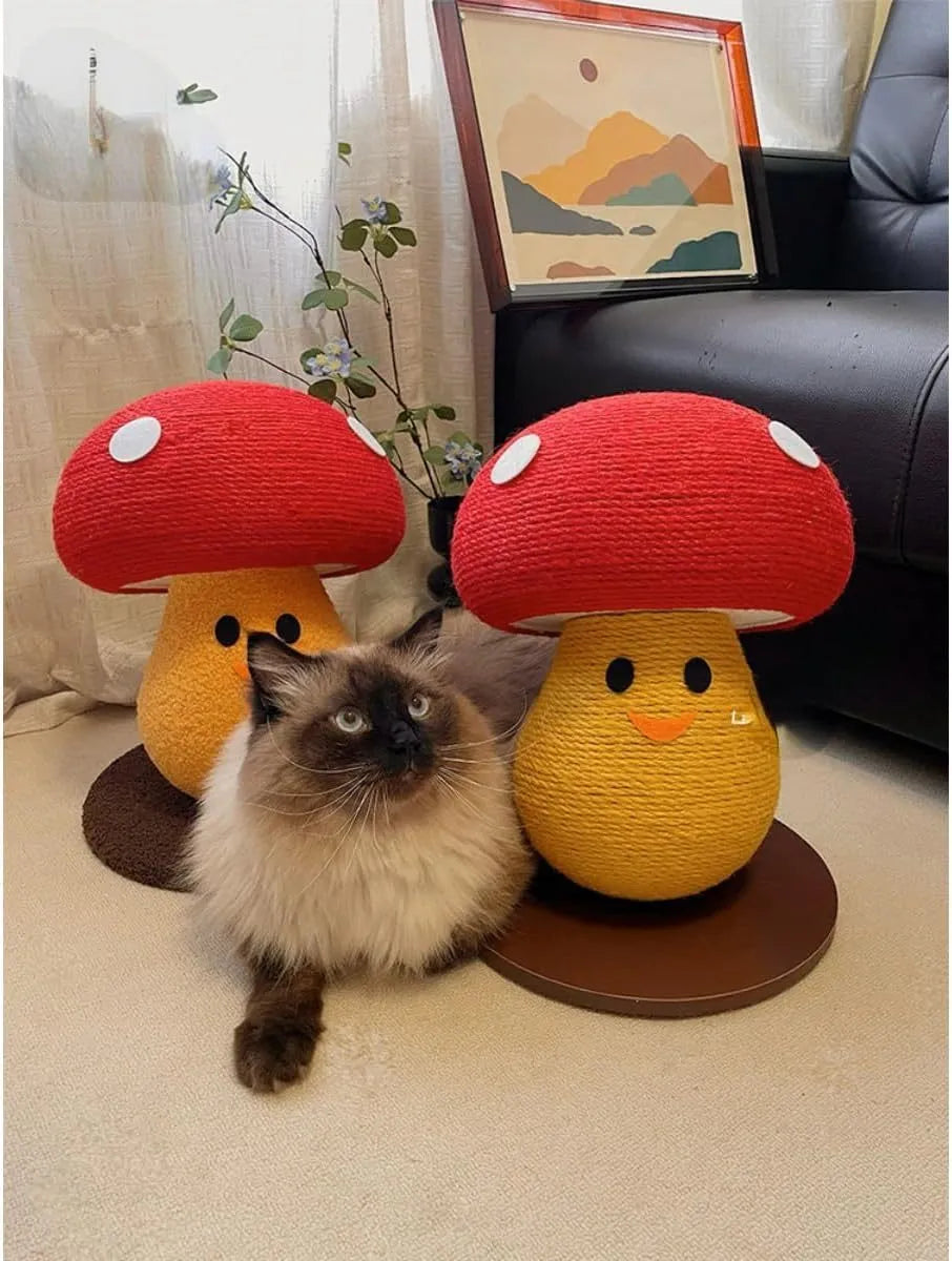 Round mushroom-shaped cardboard cat scratcher with accordion folds for furniture protection