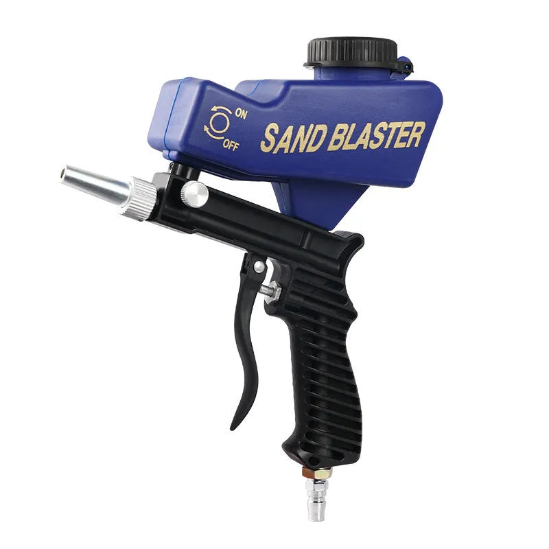Portable black and blue pneumatic sandblasting gun with gravity-feed pot for rust removal and descaling.