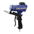 Portable black and blue pneumatic sandblasting gun with gravity-feed pot for rust removal and descaling.