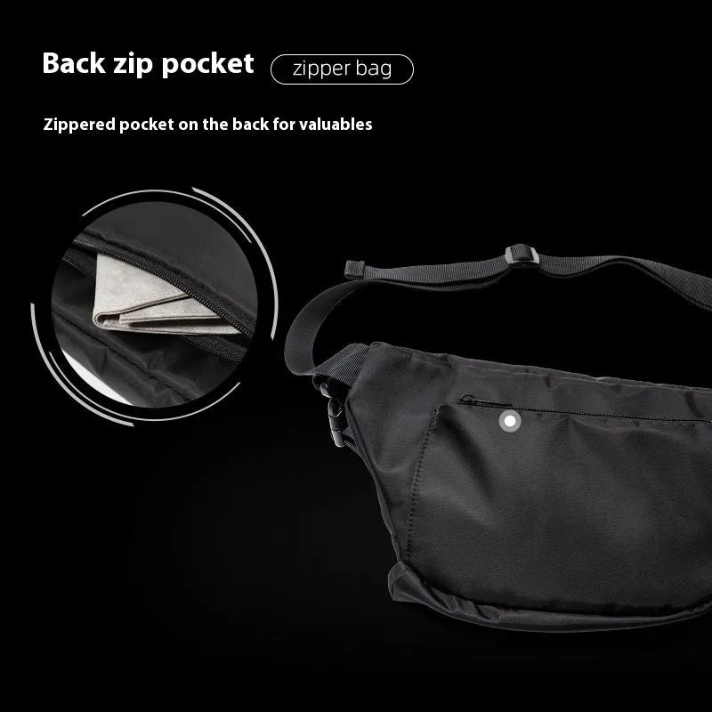 Black men's slanted chest bag with Oxford fabric construction and sewing line detailing