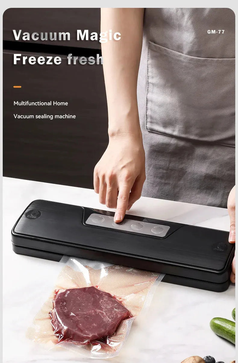 Black automatic vacuum sealer machine for household food preservation with compact design