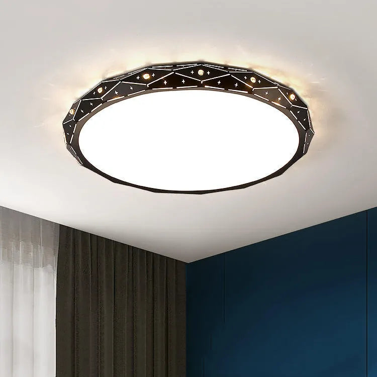 Round modern LED ceiling light with an iron frame in black or white, shown in a room setting.