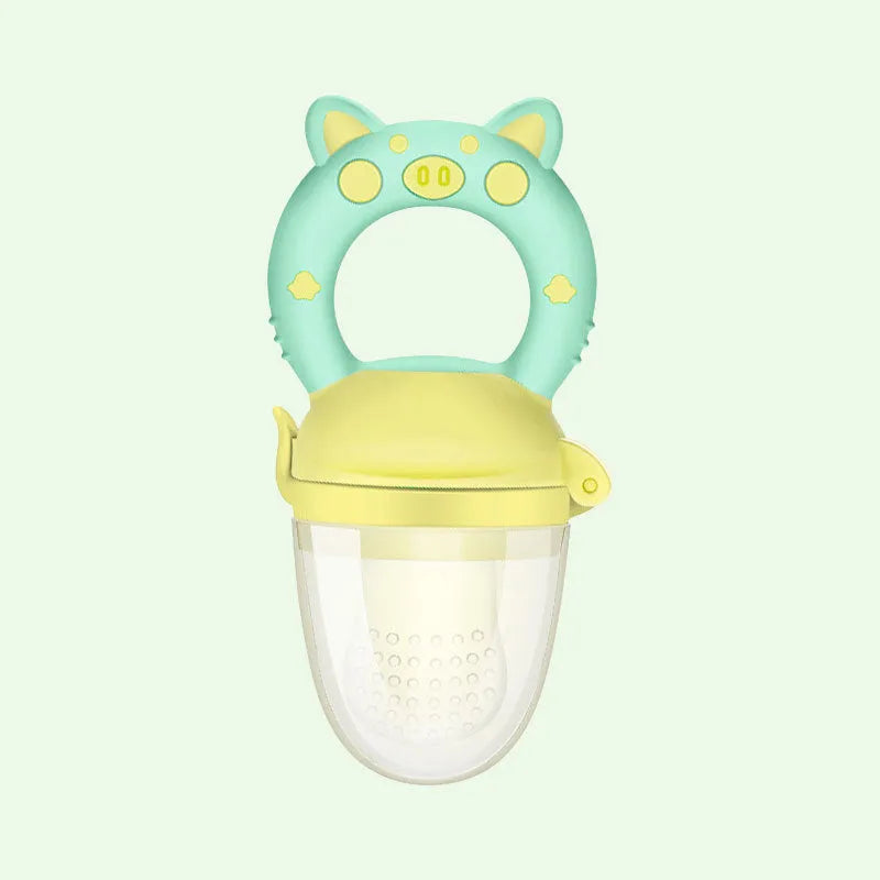 A BPA-free silicone baby teether in blue, showing a single mouthpiece design for infant chewing.